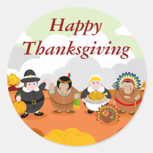 Modern cartoon of the First Thanksgiving 1621, Classic Round Sticker
