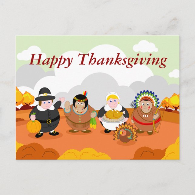 Modern cartoon of the First Thanksgiving 1621, Holiday Postcard (Front)