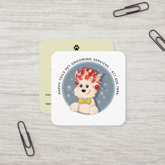 Modern Cartoon Pet Grooming Square Business Card (Front/Back In Situ)