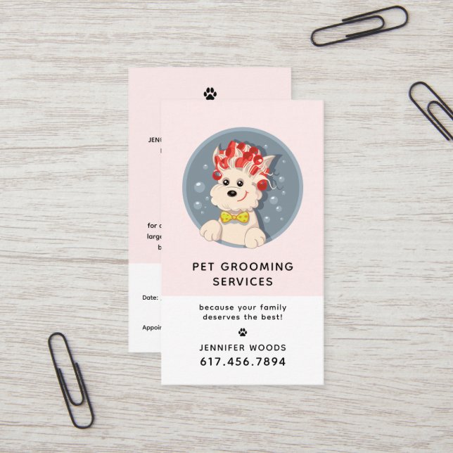 Modern Cartoon Pet Grooming w/Appointment Business Card (Front/Back In Situ)