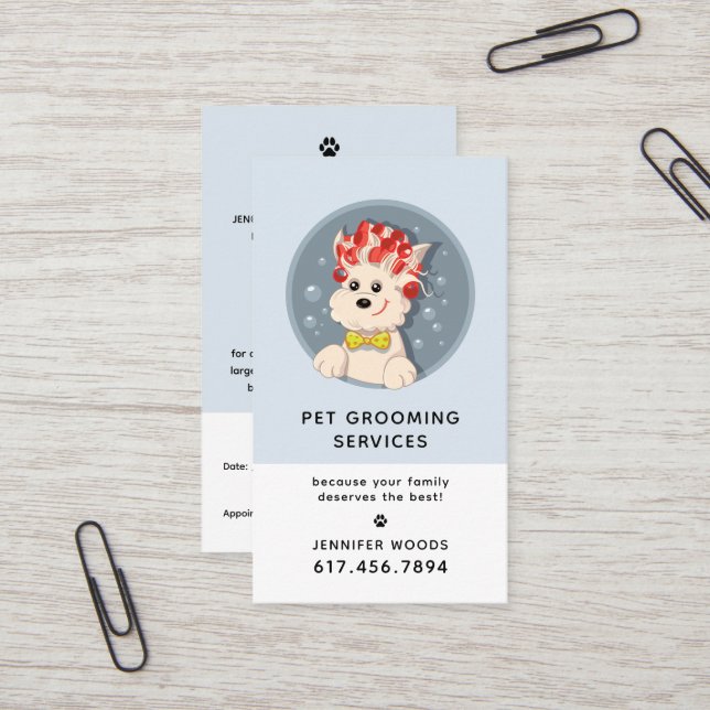 Modern Cartoon Pet Grooming w/Appointment Business Card (Front/Back In Situ)