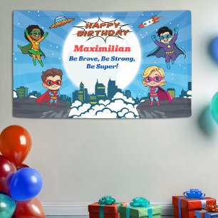 Modern Cartoon Superhero Birthday Party Banner