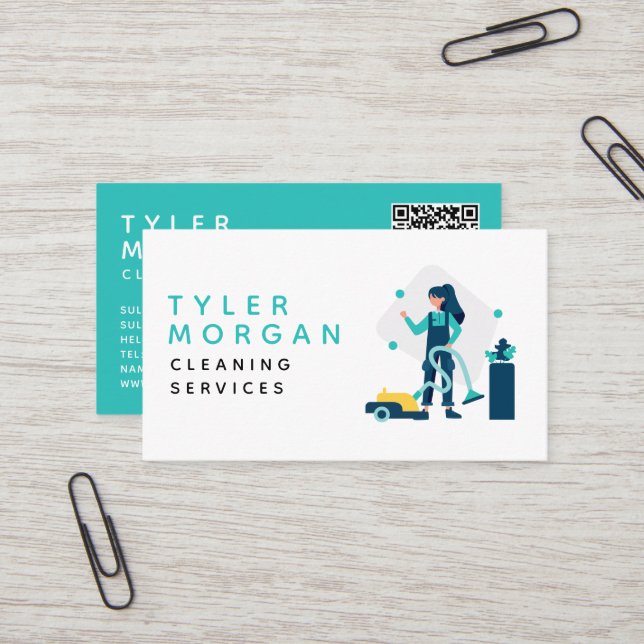 Modern Cartoon Woman Cleaner Business Card (Front/Back In Situ)
