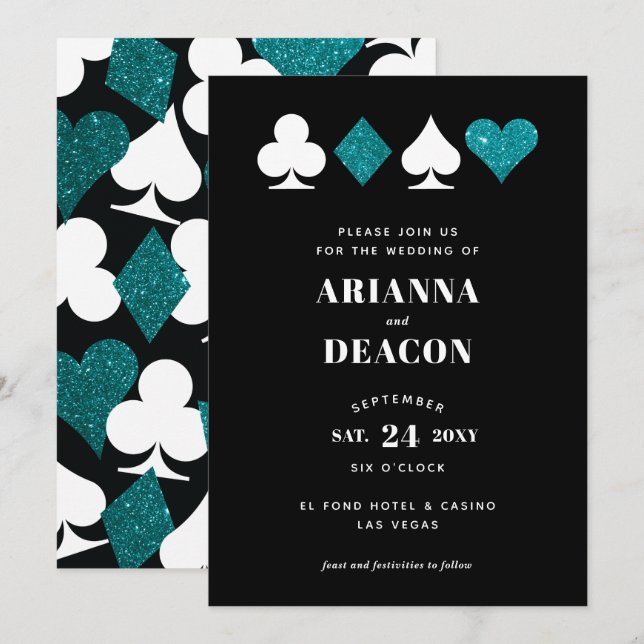 Modern Casino Teal Glitter Wedding Invitation (Front/Back)