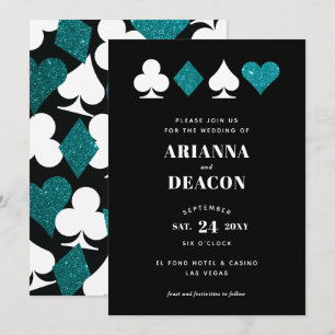 Modern Casino Teal Glitter Wedding Invitation