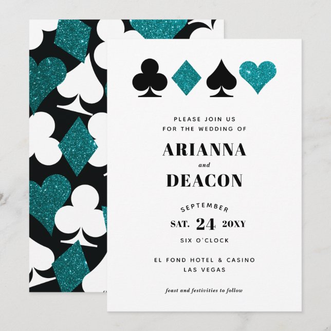 Modern Casino Teal Glitter Wedding Invitation (Front/Back)