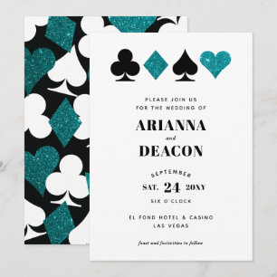 Modern Casino Teal Glitter Wedding Invitation