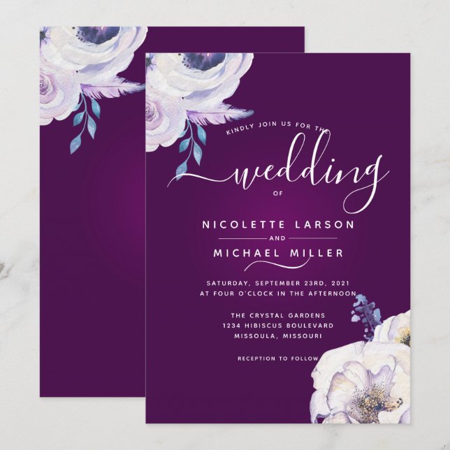 Modern Cassis Colour and Lilac Flowers Wedding Invitation (Front/Back)