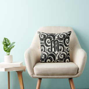 Modern Casual Disco Grey Black Ivory Monogram Cushion