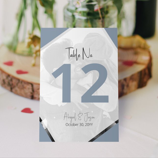 Modern Casual Dusty Blue Wedding Photo Table Number (Dusty Blue Wedding Table Numbers with Photo | Personalize on Screen Now! )