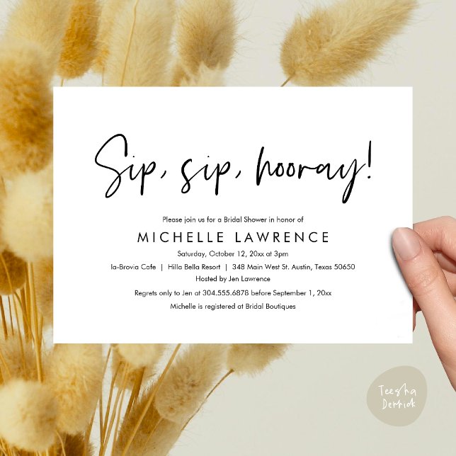 Modern Casual, fun and playful Bridal Shower Party Invitation (Sip, Sip Hooray, Modern Casual, fun and playful Bridal Shower Party Invitation Card PDF Black White)