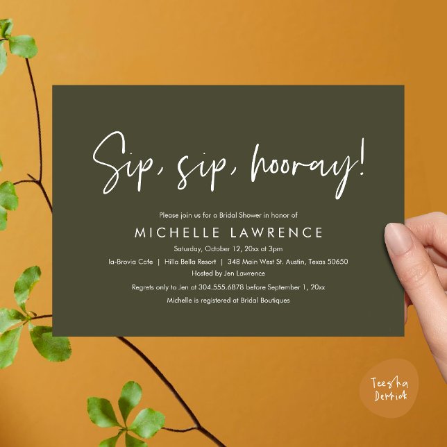 Modern Casual, fun and playful Bridal Shower Party Invitation (Sip, Sip Hooray, Modern Casual, fun and playful Bridal Shower Party Invitation Card, PDF Olive Green)