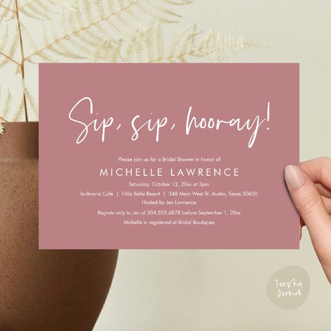 Modern Casual, fun and playful Bridal Shower Party Invitation (Sip, Sip Hooray, Modern Casual, fun and playful Bridal Shower Party Invitation Card, PDF Dusty Rose)