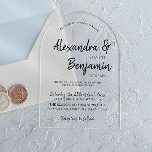 Modern casual minimalist black script wedding acrylic invitations