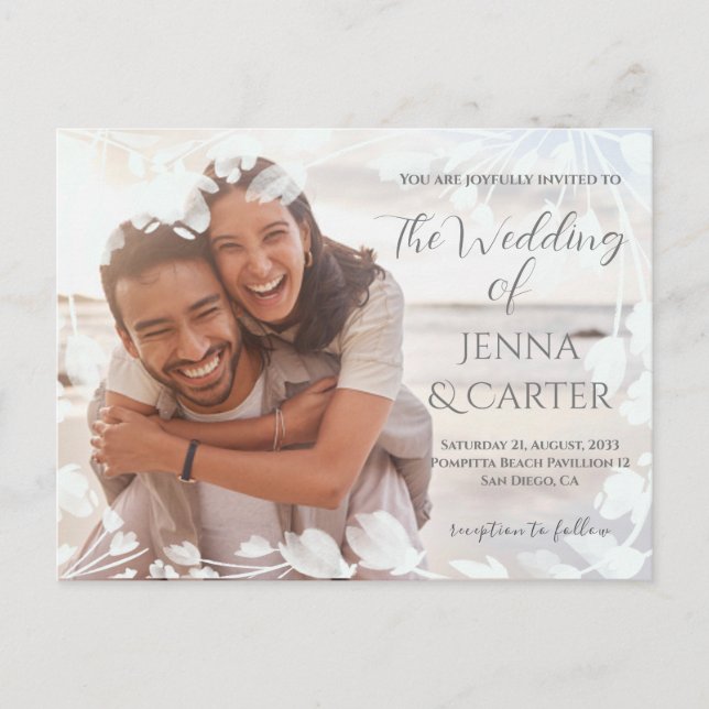 Modern Casual Photo White Floral Border Wedding Postcard (Front)