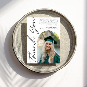 Modern Casual Script Arch Photo Graduation Black Thank You Card