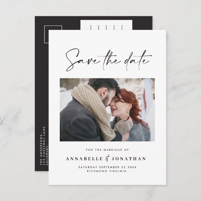 Modern casual script black typography wedding  announcement postcard (Front/Back)