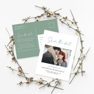 Modern casual script sage green typography wedding announcement postcard