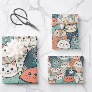 Modern Cat Characters Pattern Wrapping Paper Sheet