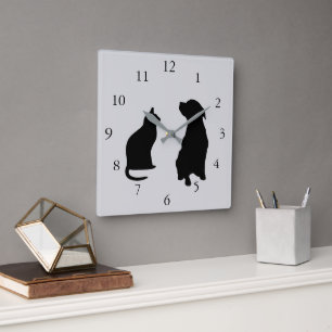 Modern cat dog  silhouettes pets grey background square wall clock