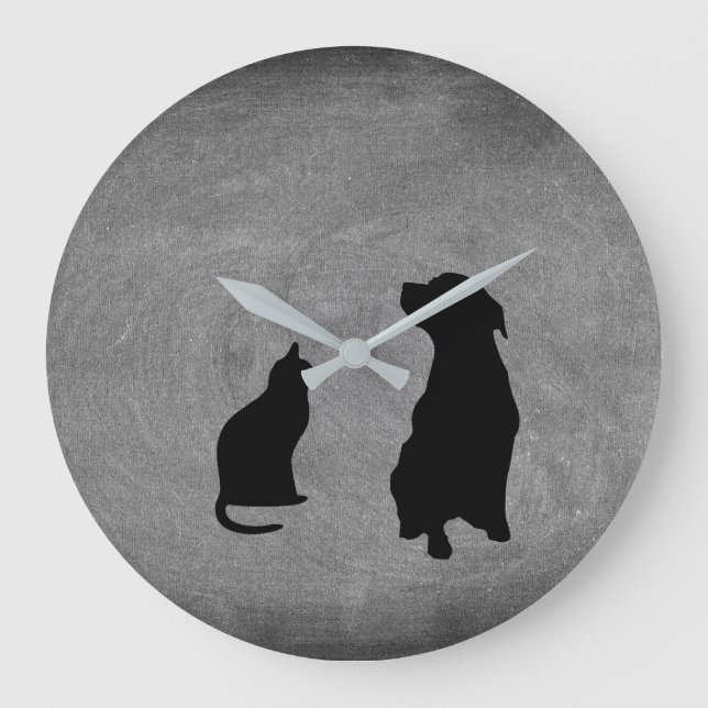 Modern cat & dog . silhouettes pets on chalkboard large clock (Front)