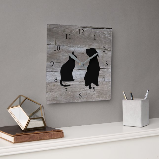 Modern cat dog  silhouettes pets wood background square wall clock (Office)