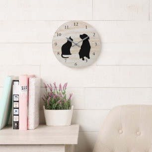 Modern cat dog  silhouettes pets wooden background large clock