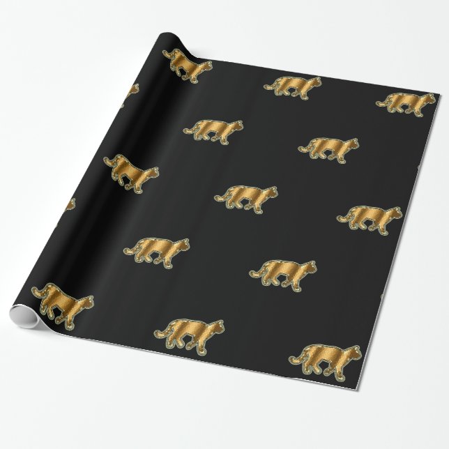 Modern Cat Gold Black Wrapping Paper (Unrolled)