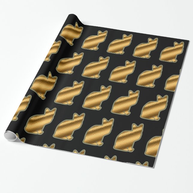 Modern Cat Gold Black Wrapping Paper (Unrolled)