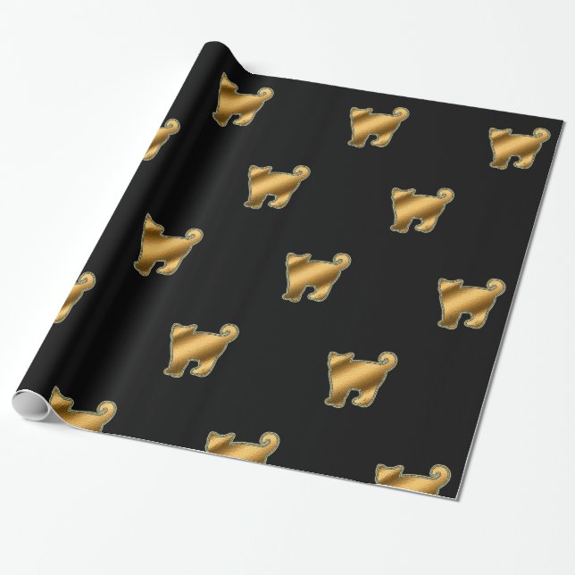 Modern Cat Gold Black Wrapping Paper (Unrolled)