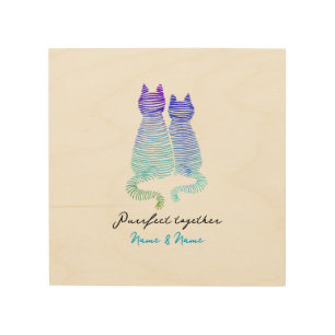 Modern Cat Love Pun Abstract Geometric Blue Stripe Wood Wall Art