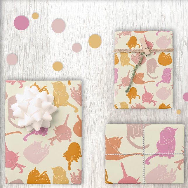 Modern Cat Pattern Pink Orange Wrapping Paper Sheet (Creator Uploaded)