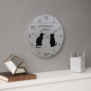 Modern cat silhouettes monogrammed wood pattern large clock