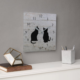 Modern cat silhouettes on rustic wood pattern square wall clock