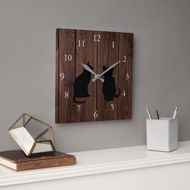 Modern cat silhouettes on rustic wood square wall clock (Office)