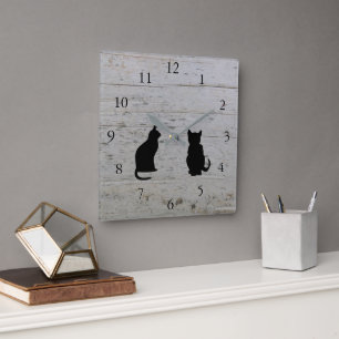 Modern cat silhouettes pets on barn wood square wall clock