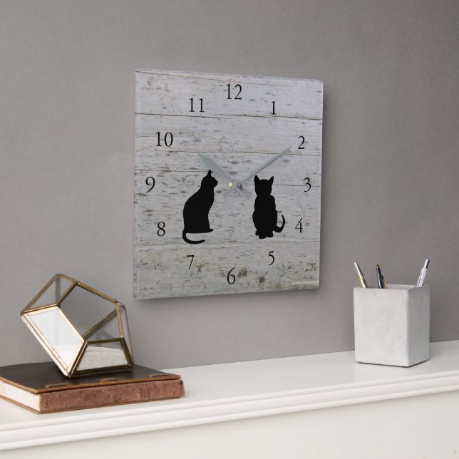 Modern cat silhouettes pets on barn wood square wall clock (Office)