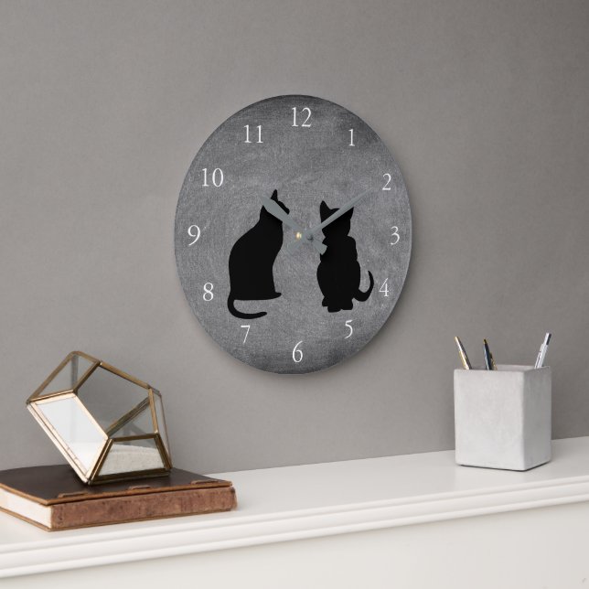 Modern cat silhouettes, pets on chalboard large clock (Office)