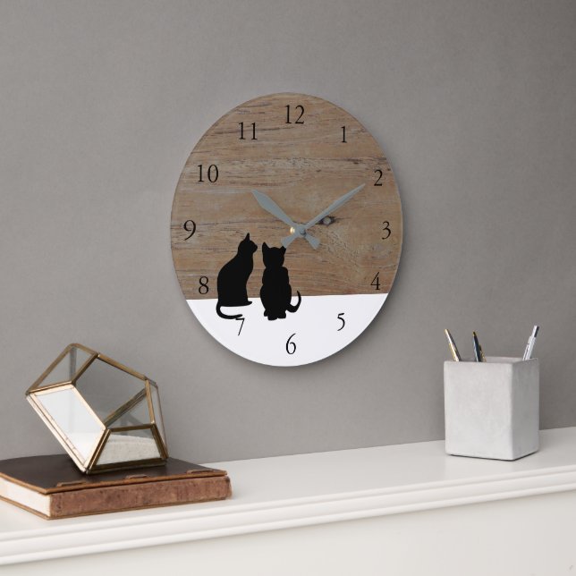 Modern cat silhouettes, pets on wood white large clock (Office)