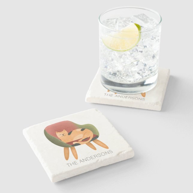 Modern Cat Watercolor Name Stone Coaster (Side)