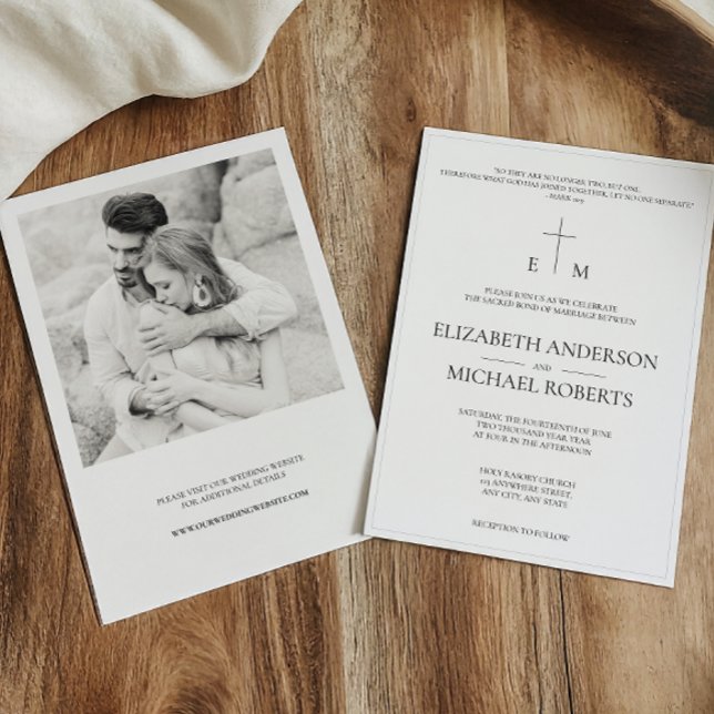 Modern Catholic Photo B&W Cross Wedding Invitation (Catholic Wedding Invitation)