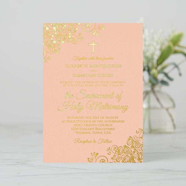 Modern Catholic Wedding Elegant Coral Peach & Gold (Standing Front)