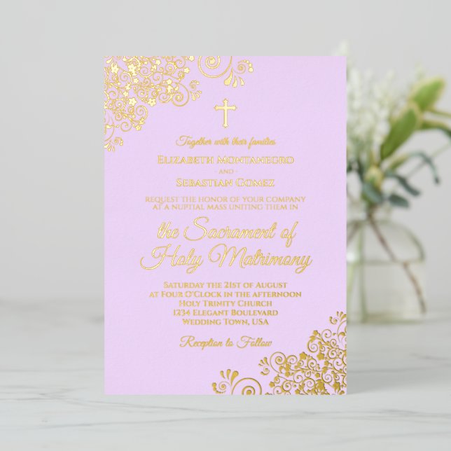 Modern Catholic Wedding Elegant Lilac Purple Gold (Standing Front)