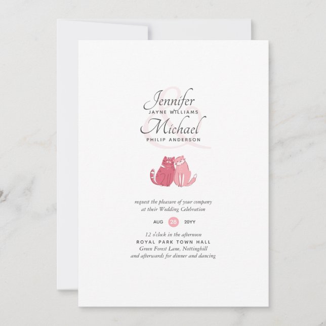 Modern Cats in Love Coral Wedding Invitation (Front)