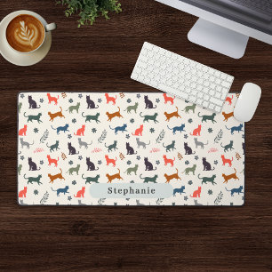 Modern Cats Pattern Custom Name Elegant Cream Desk Mat