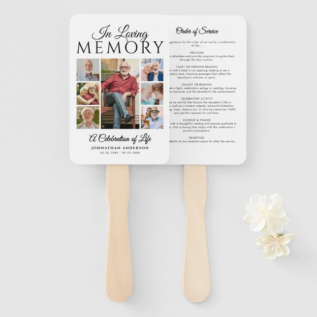 Modern Celebration of Life 7-Photo Funeral Program Hand Fan (Front and Back)