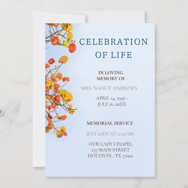 Modern celebration of life bereavement  invitation (Front)