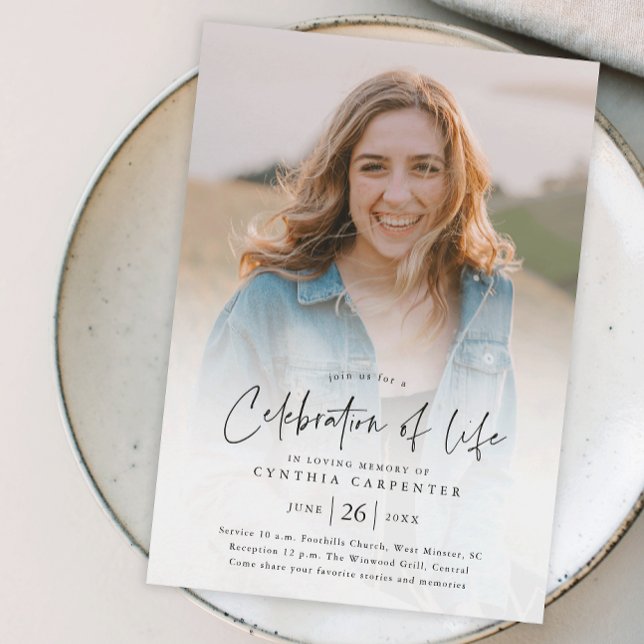 Modern Celebration of Life Memorial Funeral Invitation (Modern handwritten script celebration of life photo memorial invitation.)