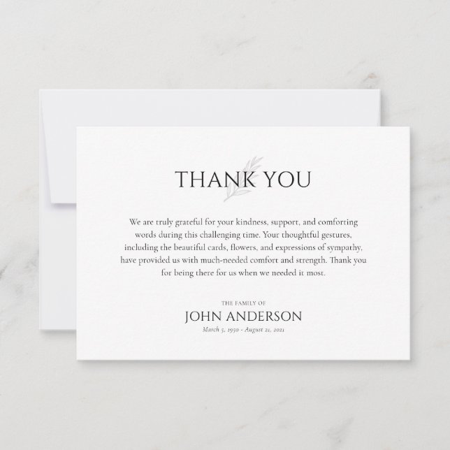 Modern Celebration of Life Memorial Funeral  Thank You Card (Front)
