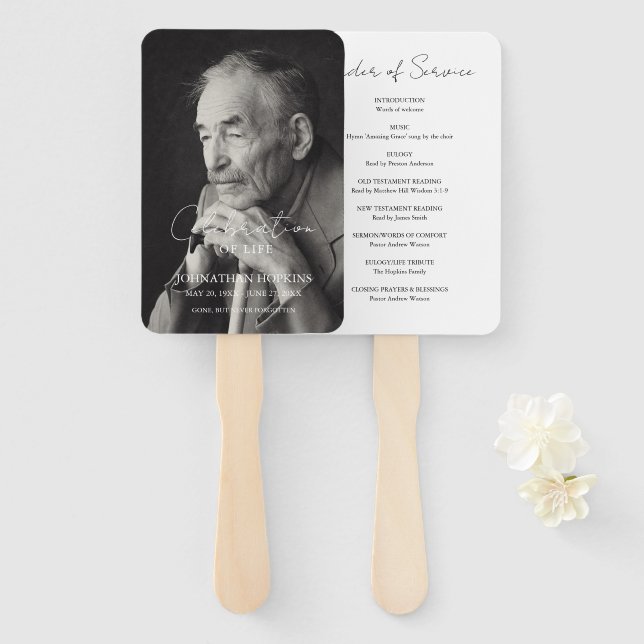 Modern Celebration of Life Photo Order of Service Hand Fan (Front and Back)